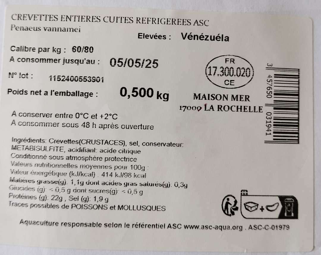 Crevettes cuites réfrigérées conditionnées sous atmosphère Maison Mer : photo 2 sur 2 du produit rappelé le 06/05/2024