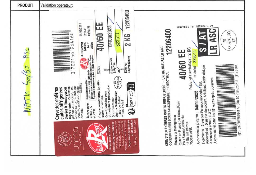 Crevettes cuites réfrigérées vrac calibre 40/60 label rouge : photo du produit rappelé le 11/09/2023