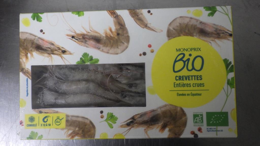 Crevettes entières crues congelées equateur 300g Monoprix BIO : photo du produit rappelé le 26/11/2024