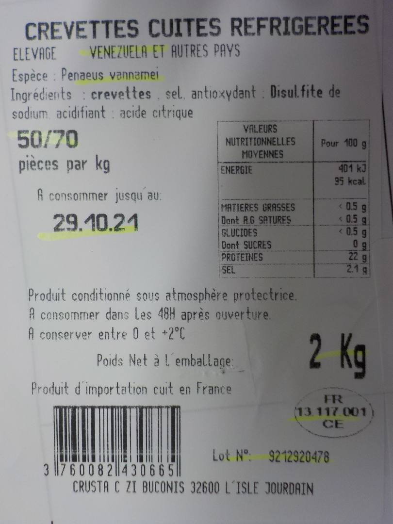 Crevettes entières cuites réfrigérées : photo 2 sur 2 du produit rappelé le 29/10/2021