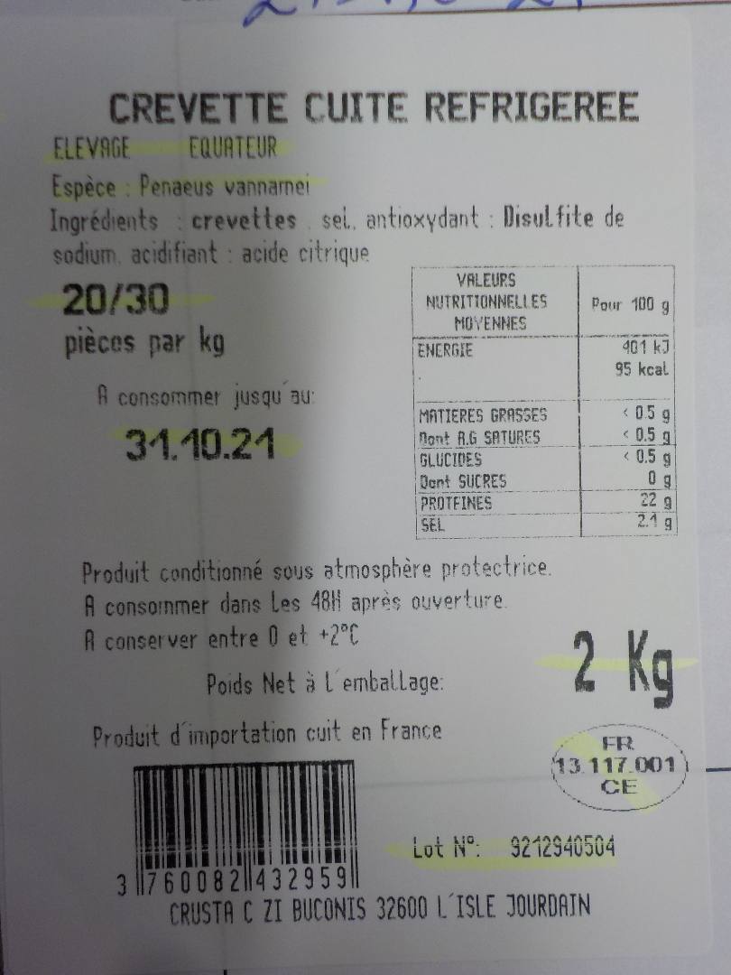 Crevettes entières cuites réfrigérées : photo 2 sur 2 du produit rappelé le 29/10/2021
