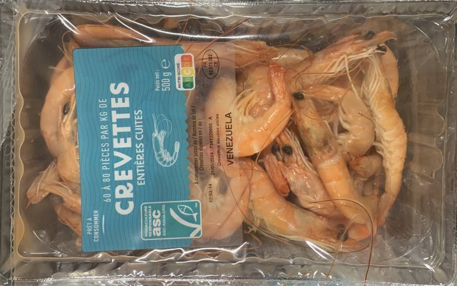 Crevettes entières cuites réfrigérées 60/80 500g : photo du produit rappelé le 16/05/2024