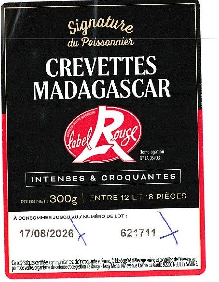 Crevettes entières cuites réfrigérées élevage Signature du Poissonnier : photo du produit rappelé le 11/08/2026