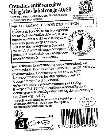 Crevettes entières cuites réfrigérées élevage Signature du Poissonnier : photo 2 sur 3 du produit rappelé le 11/08/2026