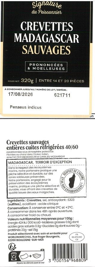 Crevettes entières cuites réfrigérées élevage Signature du Poissonnier : photo 3 sur 3 du produit rappelé le 11/08/2026