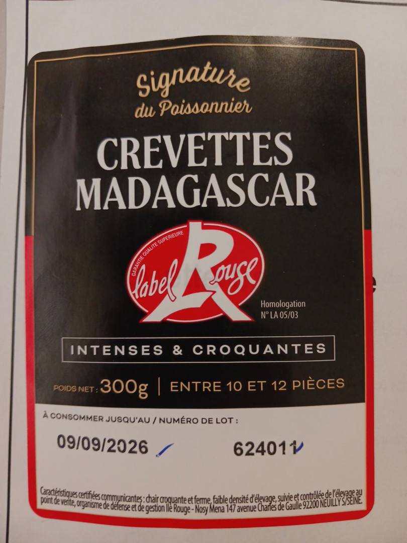 Crevettes entières cuites réfrigérées élevage Signature du Poissonnier : photo du produit rappelé le 02/09/2026