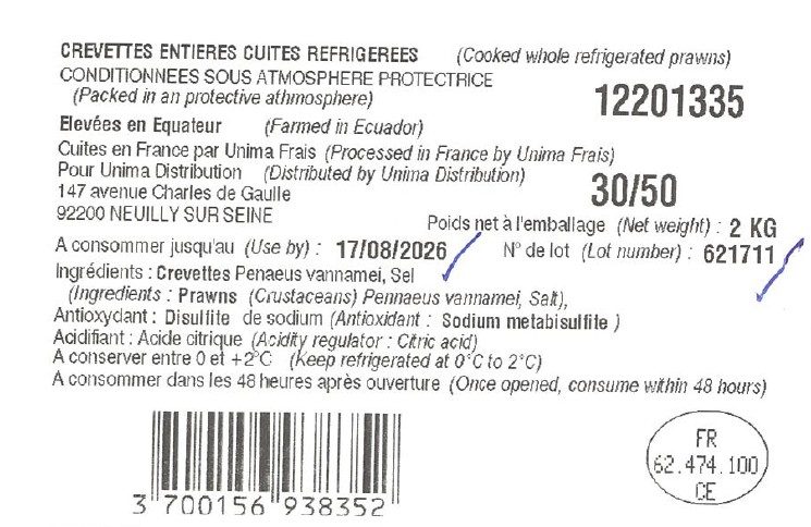 Crevettes entières cuites réfrigérées vrac origine equateur 30/50 : photo 2 sur 2 du produit rappelé le 21/08/2026