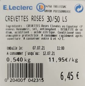 Crevettes roses 30/50 ls Leclerc Trelissac : photo du produit rappelé le 07/07/2021