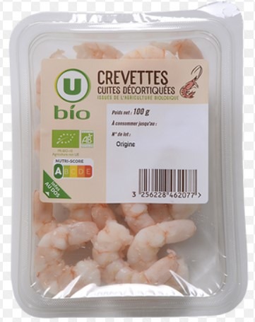 Crevettes u bio décortiqués cuites nature bq.100g transformé France : photo du produit rappelé le 02/10/2025