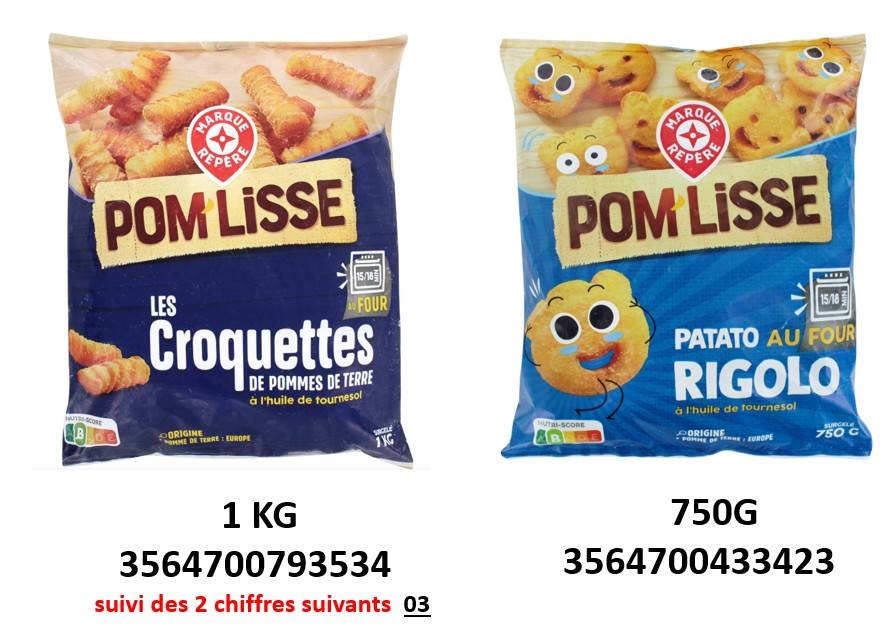 Croquettes de pommes de terre 1kg et patato rigolo 750g surgelés Pom’lisse : photo du produit rappelé le 31/07/2025