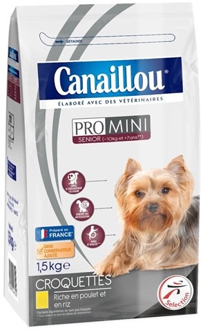 Croquettes pro mini senior 1.5kg - riche en poulet et en riz Canaillou : photo du produit rappelé le 22/02/2024