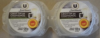 Crottin de chavignol AOP lait cru 26%mg u saveurs 2x60g : photo du produit rappelé le 27/06/2024