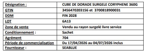 Cube de dorade surgelé coryphene 360g Seablue : photo 3 sur 3 du produit rappelé le 08/07/2026