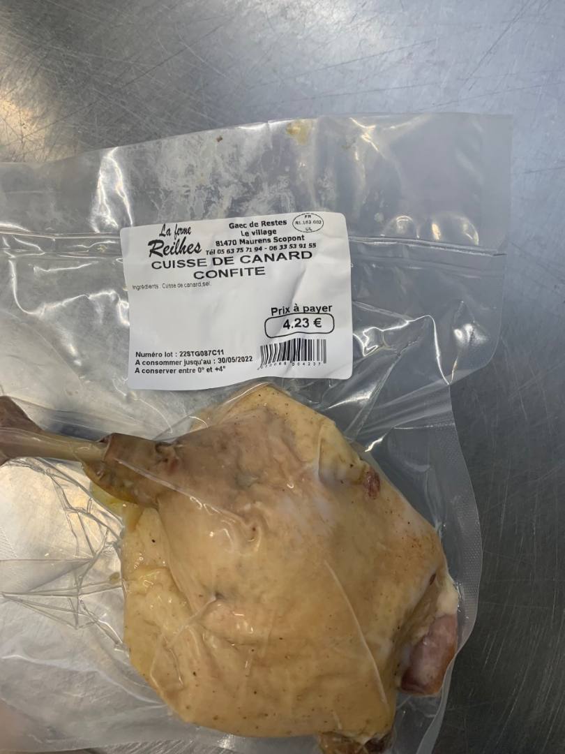Cuisse de canard confite La Ferme Reilhes : photo du produit rappelé le 22/04/2022