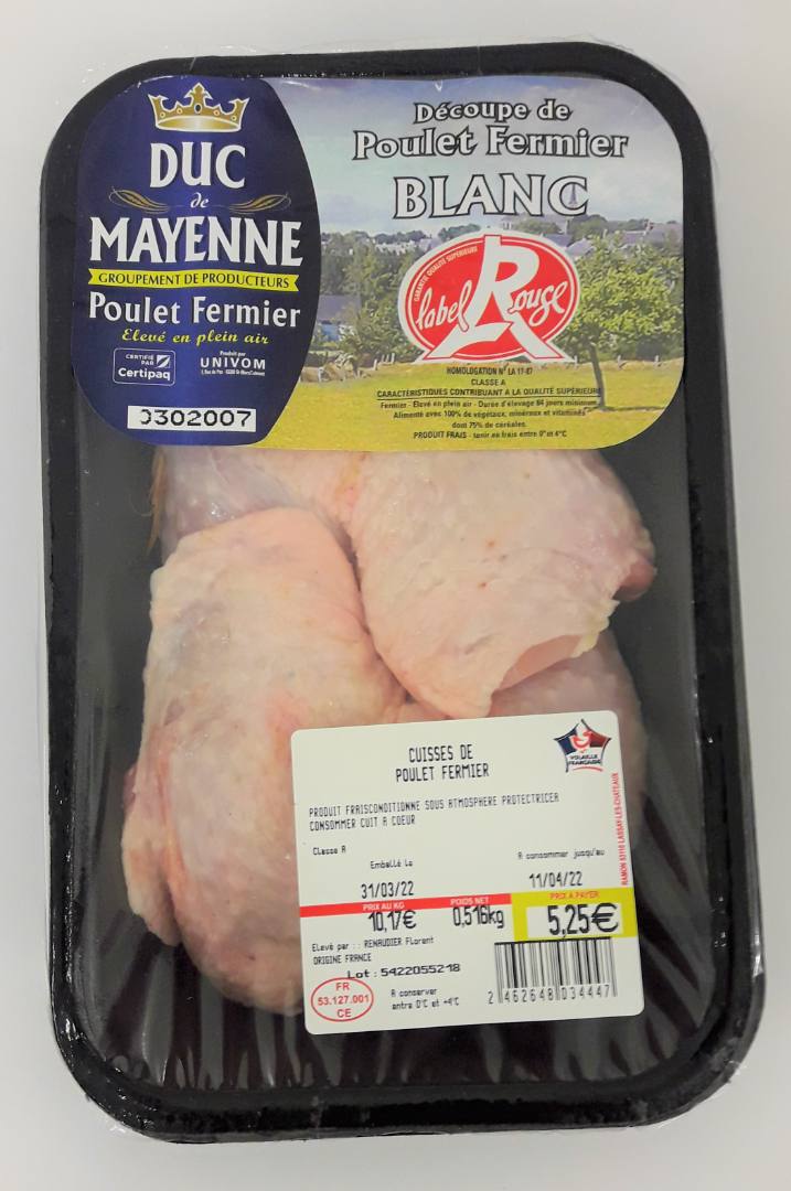 Cuisse de poulet fermier blanc label rouge Duc de Mayenne : photo du produit rappelé le 29/03/2024