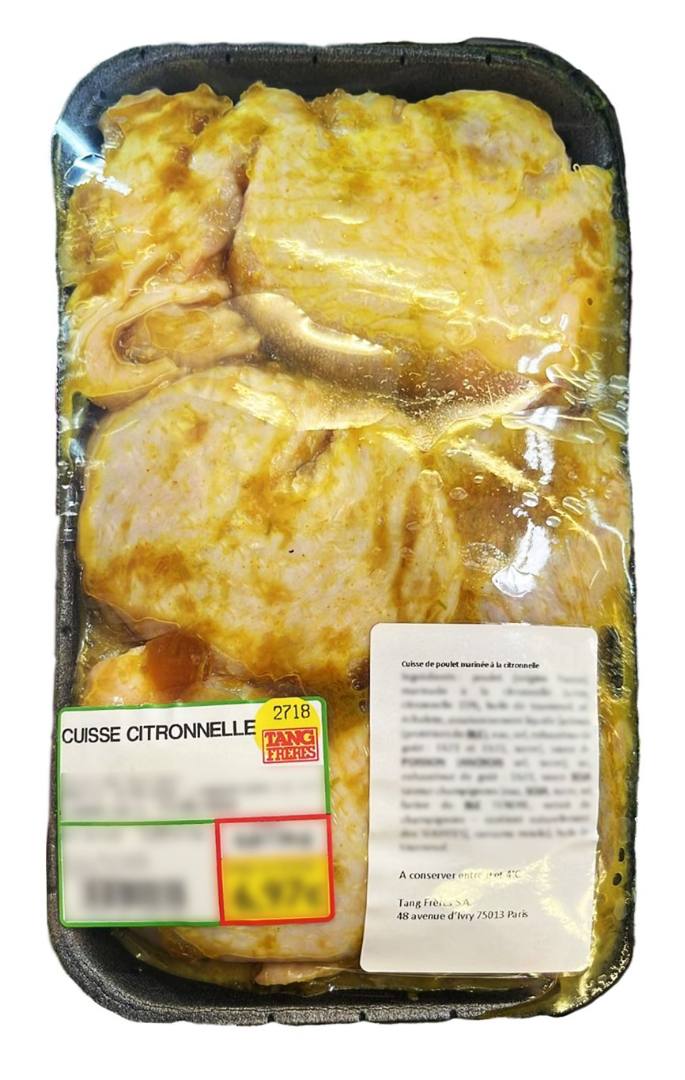Cuisses de poulet marinées à la citronnelle en barquette : photo du produit rappelé le 17/05/2024