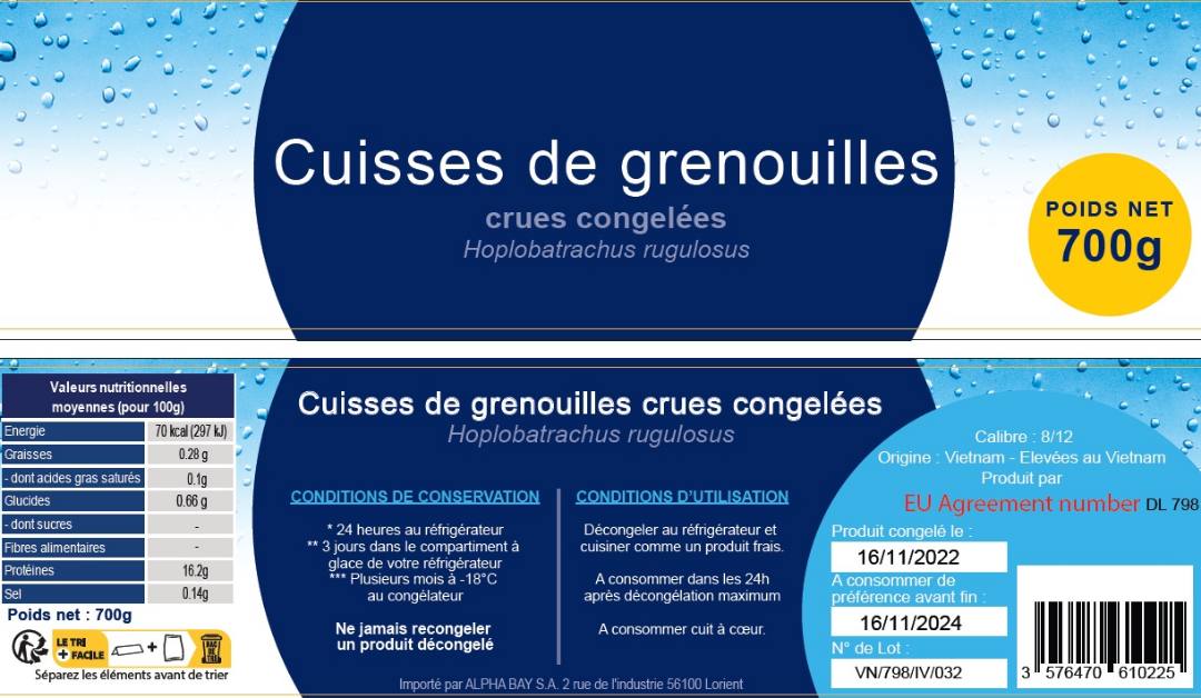 Cuissses de grenouilles crues congelees : photo du produit rappelé le 31/03/2023