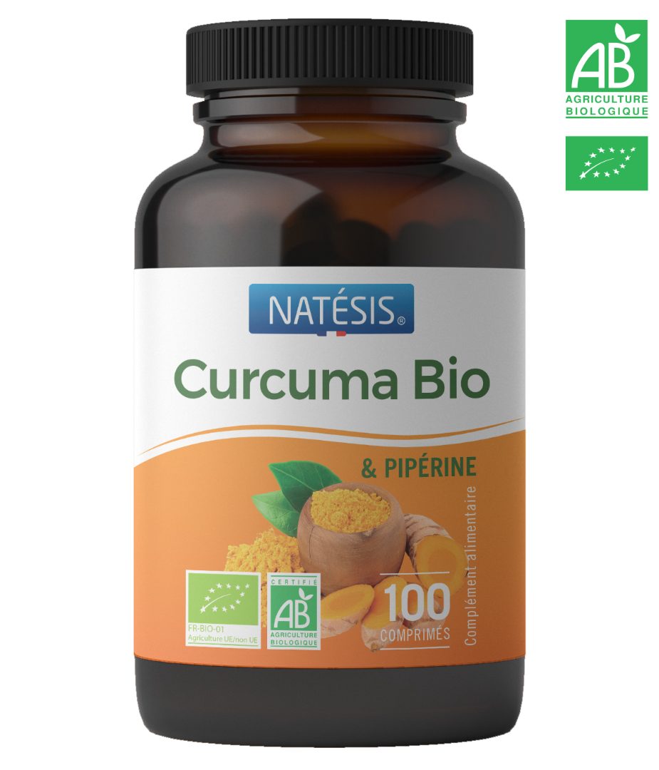Curcuma bio & piperine 100 comprimés et 300 comprimés Natesis : photo du produit rappelé le 27/06/2021