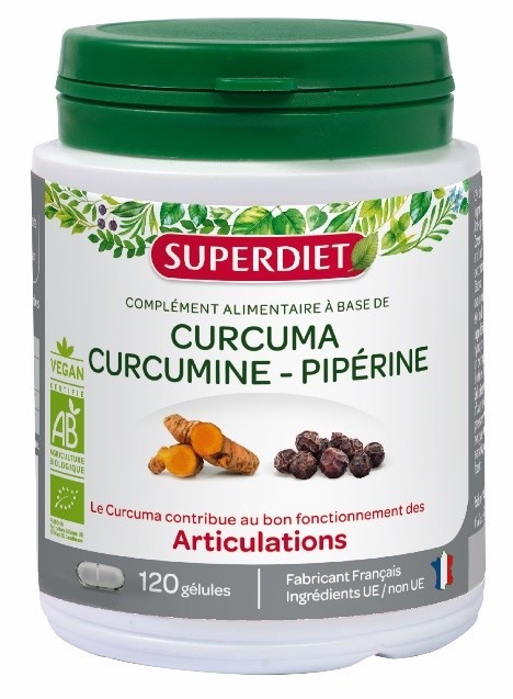 Curcuma curcumine piperine bio 120 gélules Superdiet : photo du produit rappelé le 19/07/2021