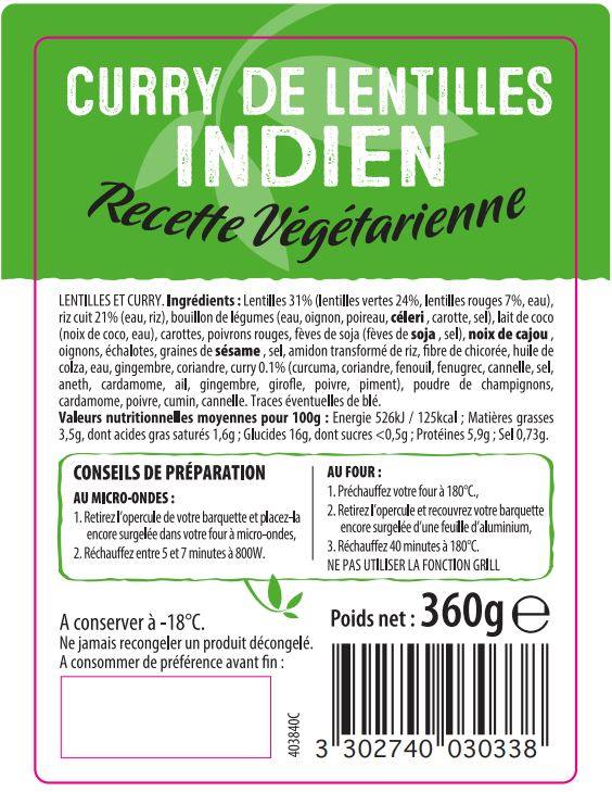 Curry de lentilles indien : photo du produit rappelé le 06/07/2021