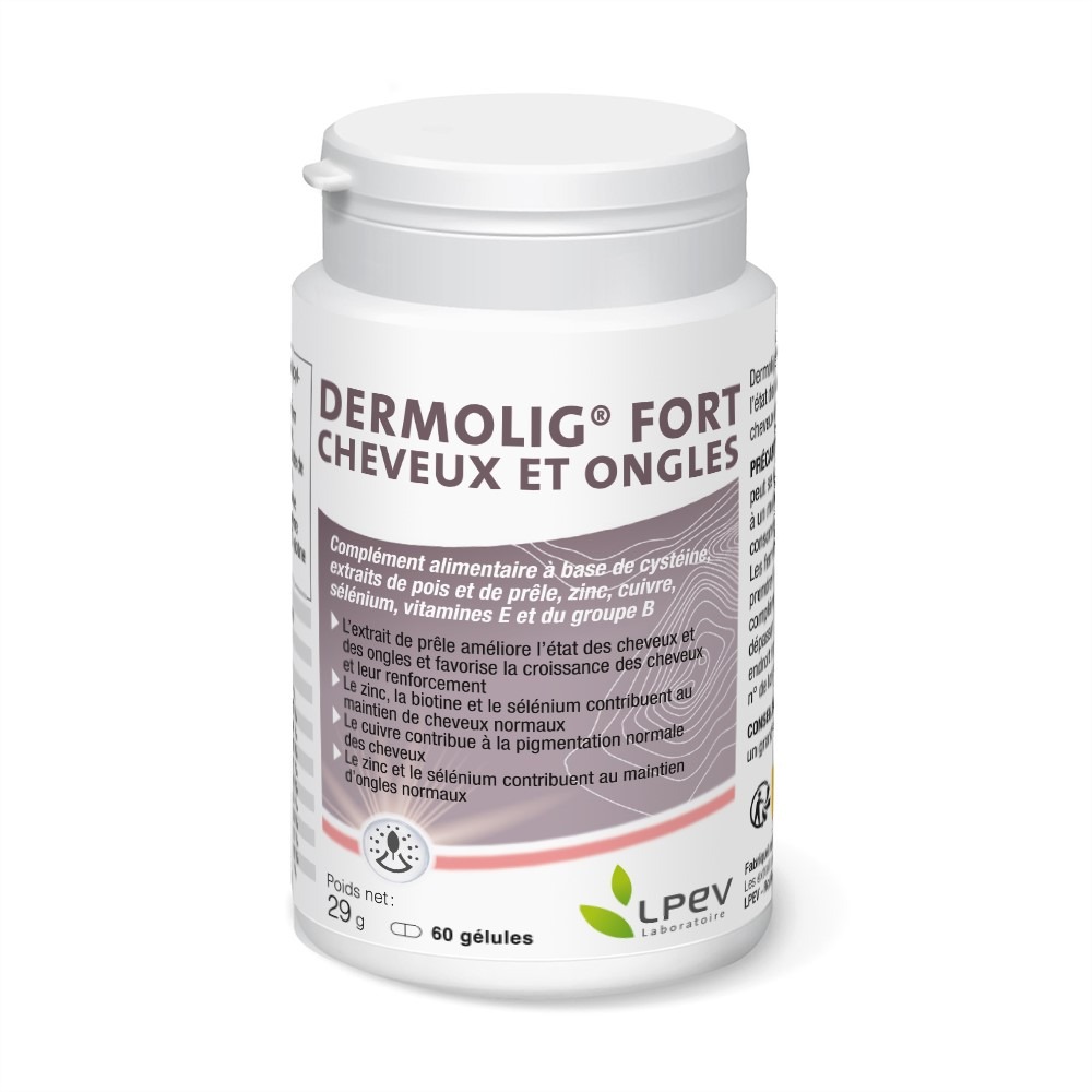 Dermolig fort cheveux et ongles - 60 gélules Laboratoire Lpev : photo du produit rappelé le 18/07/2023