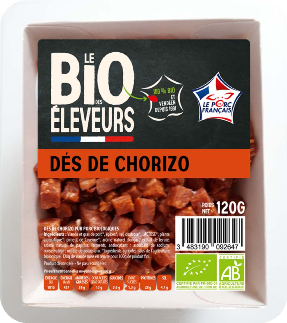 Dés de chorizo Le BIO des Eleveurs : photo du produit rappelé le 23/08/2022