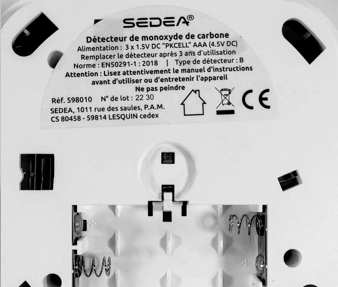 Détecteur de monoxyde de carbone Sedea : photo 2 sur 2 du produit rappelé le 21/09/2023