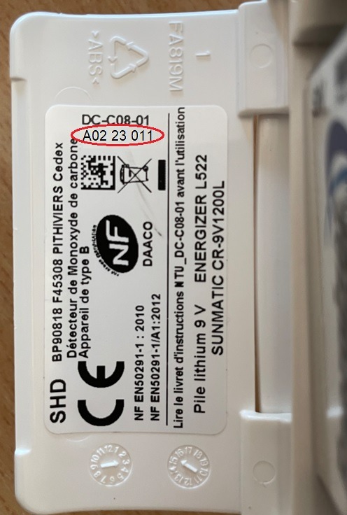 Détecteur de monoxyde de carbone SHD : photo 2 sur 2 du produit rappelé le 19/10/2023