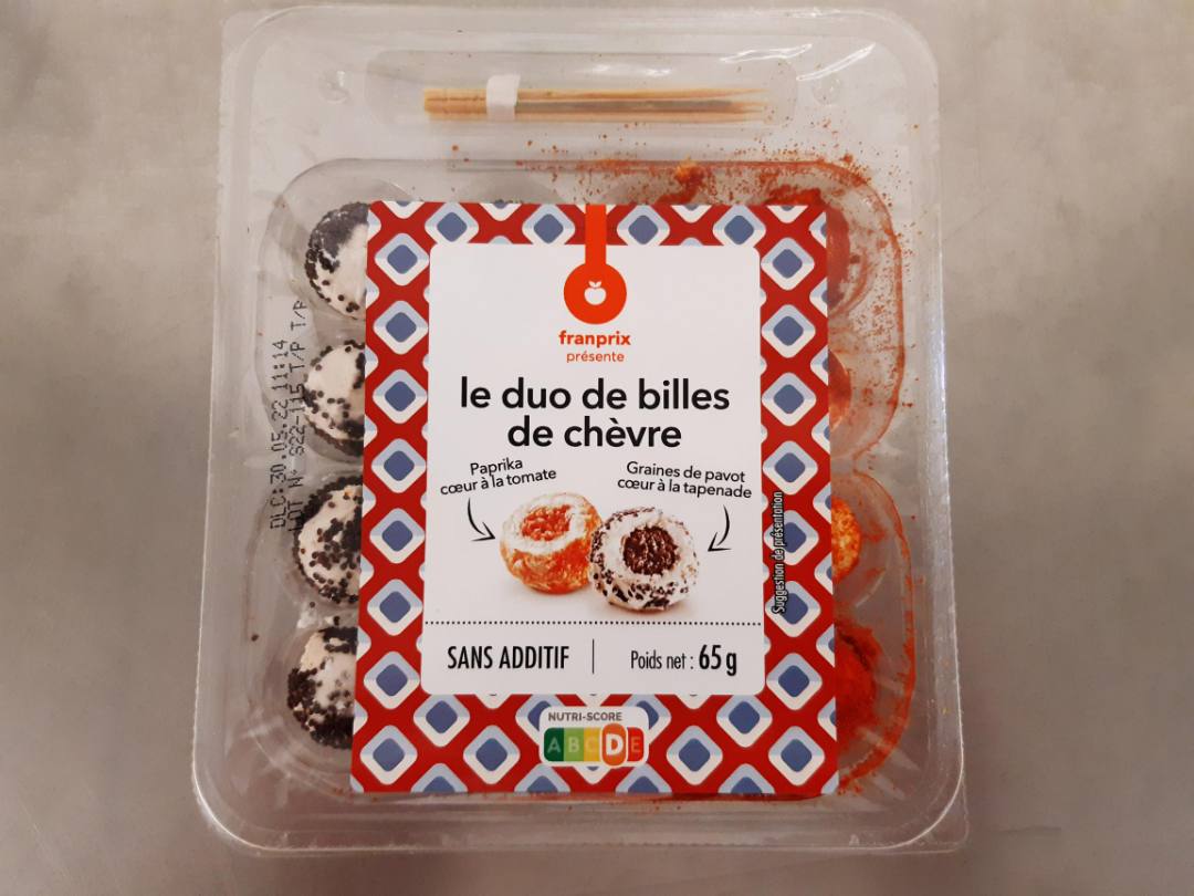 Duo de billes de chèvre paprika coeur à la tomate et graines Franprix : photo du produit rappelé le 13/05/2022