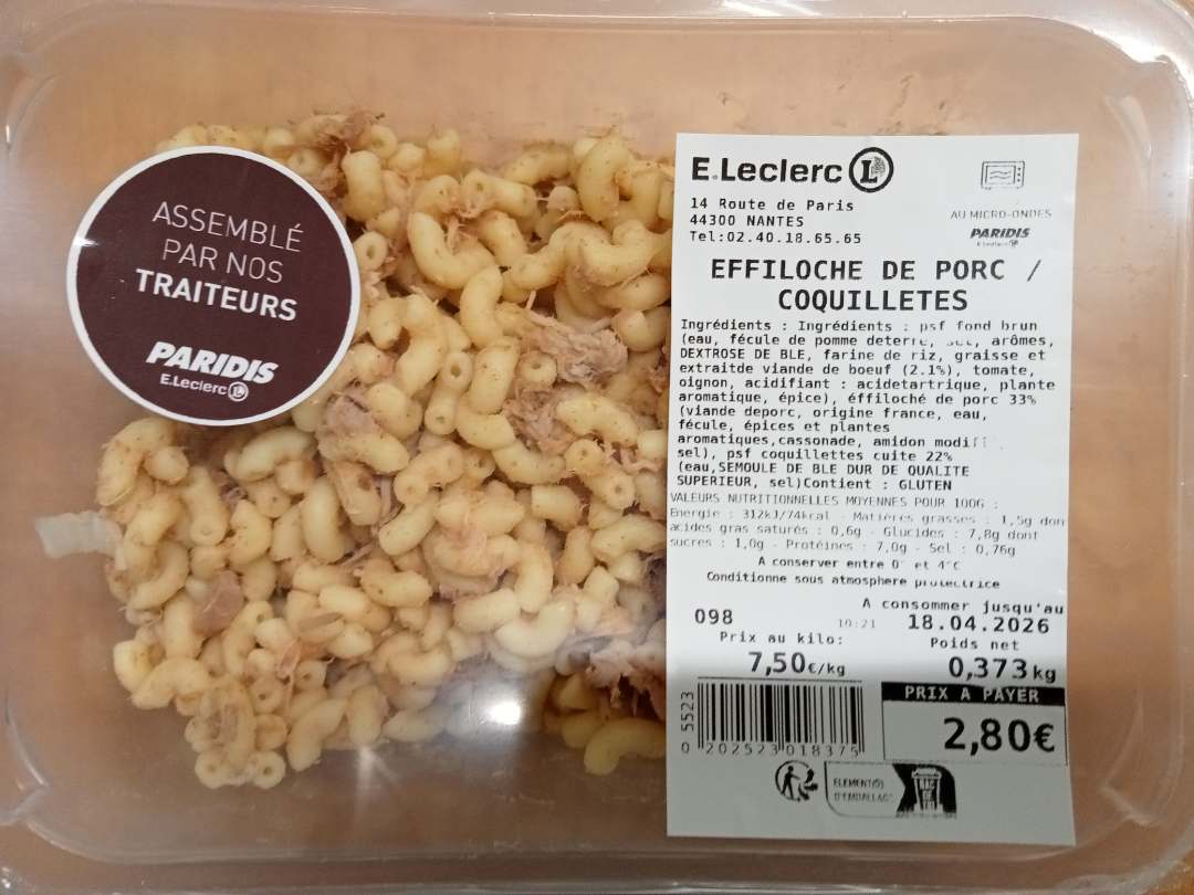 Effiloché de porc / coquillettes : photo du produit rappelé le 10/04/2026