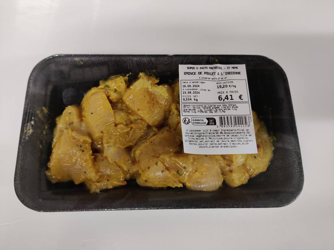 Emince de poulet a l'indienne : photo du produit rappelé le 01/10/2024