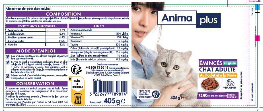 Emincés en gelée poulet dinde 405g anima : photo du produit rappelé le 15/06/2026