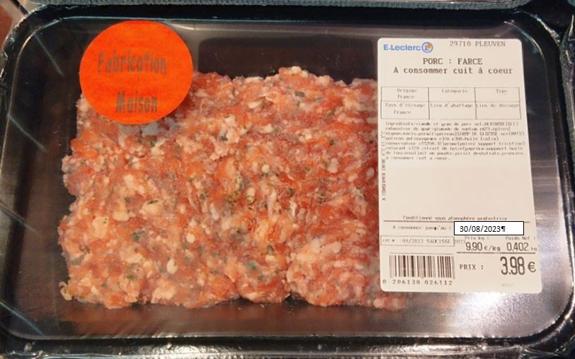 Farce de porc E.Leclerc Pleuven : photo du produit rappelé le 11/09/2023