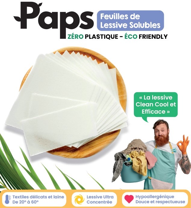 Feuilles de lessive solubles Paps : photo du produit rappelé le 03/07/2025
