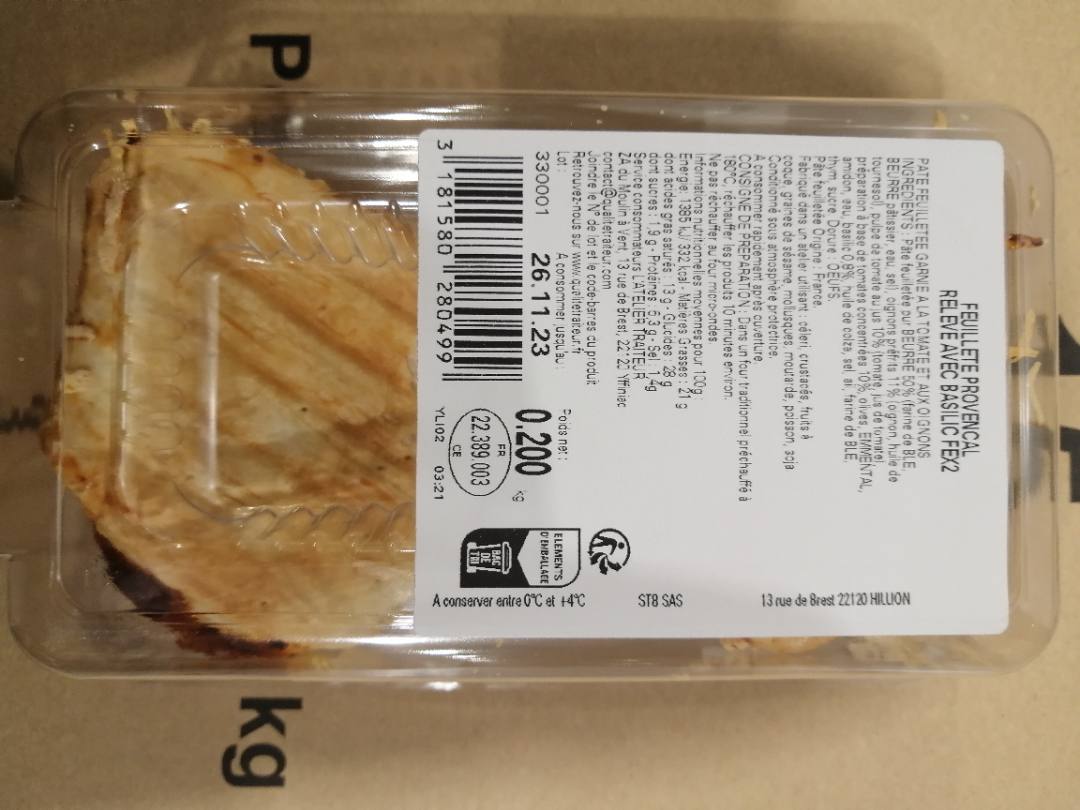 Feuilleté provençal Qualité Traiteur : photo 2 sur 2 du produit rappelé le 03/11/2023