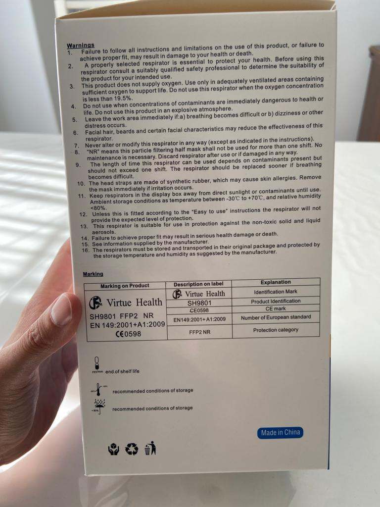 Ffp2 nr virtue health : photo 4 sur 5 du produit rappelé le 20/06/2022