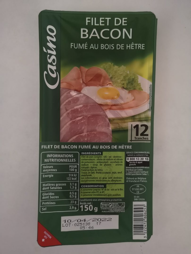 Filet de bacon fumé au bois de hêtre 12 tranches 150 g Casino : photo du produit rappelé le 15/03/2022