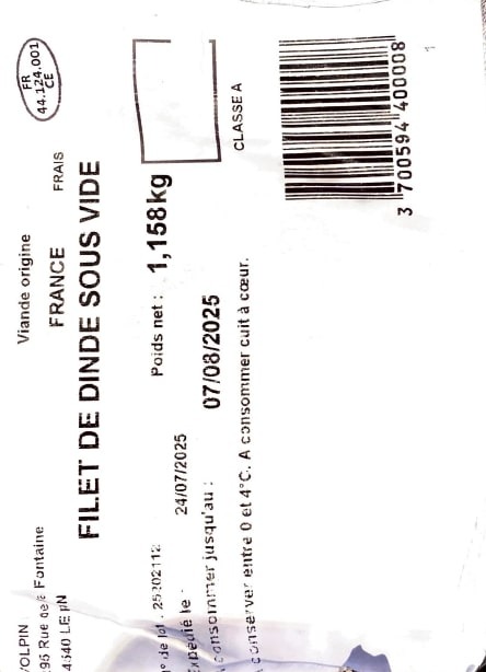 Filet de dinde volpin : photo du produit rappelé le 12/08/2025
