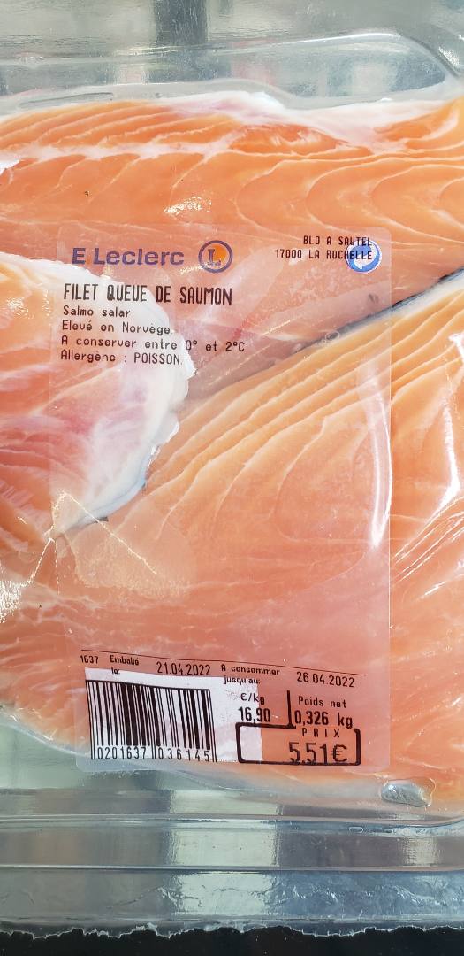 Filet de queue de saumon E.Leclerc : photo 2 sur 2 du produit rappelé le 25/04/2022