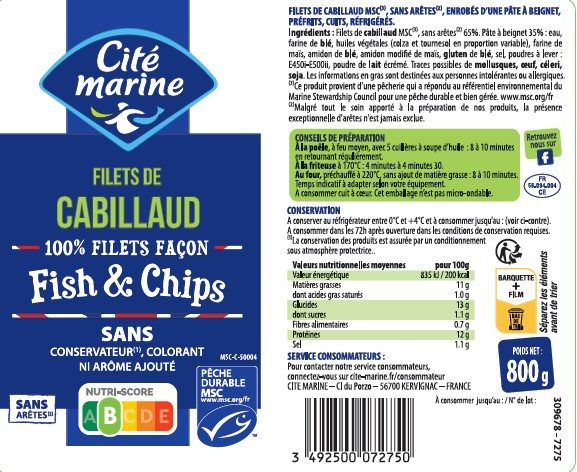 Filets de cabillaud façon fish and chips 800g Cité Marine : photo du produit rappelé le 22/09/2025