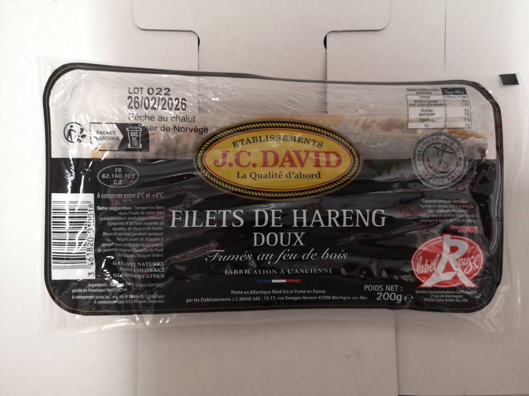 Filets de hareng doux fumé Jcdavid : photo du produit rappelé le 29/01/2026
