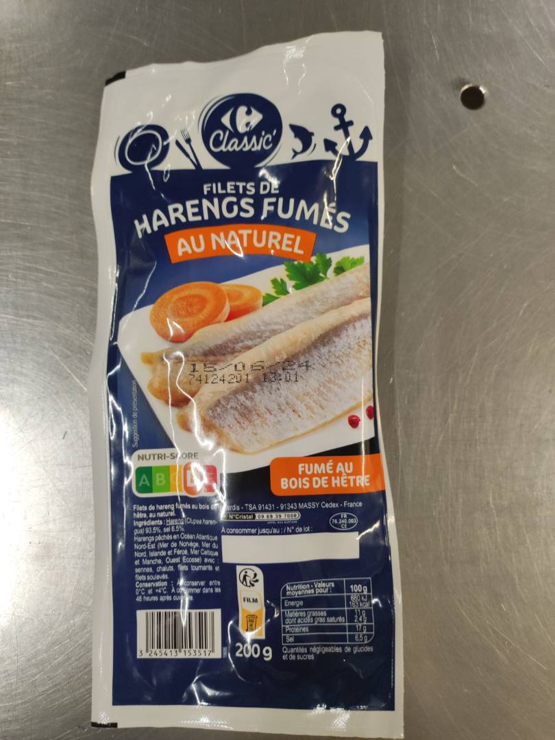 Filets de harengs fumes au naturel Carrefour Classic : photo du produit rappelé le 27/05/2024