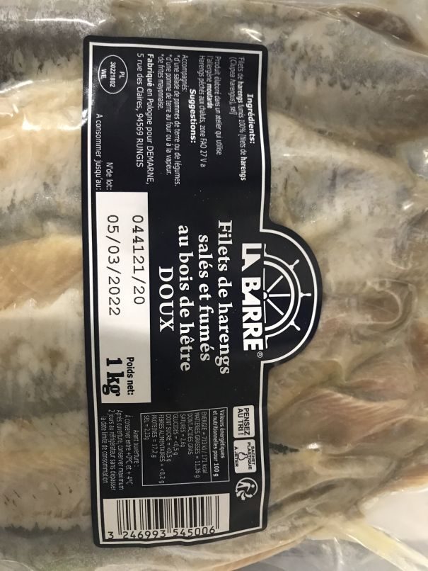 Filets de harengs fumes sous vide La Barre : photo du produit rappelé le 22/02/2022