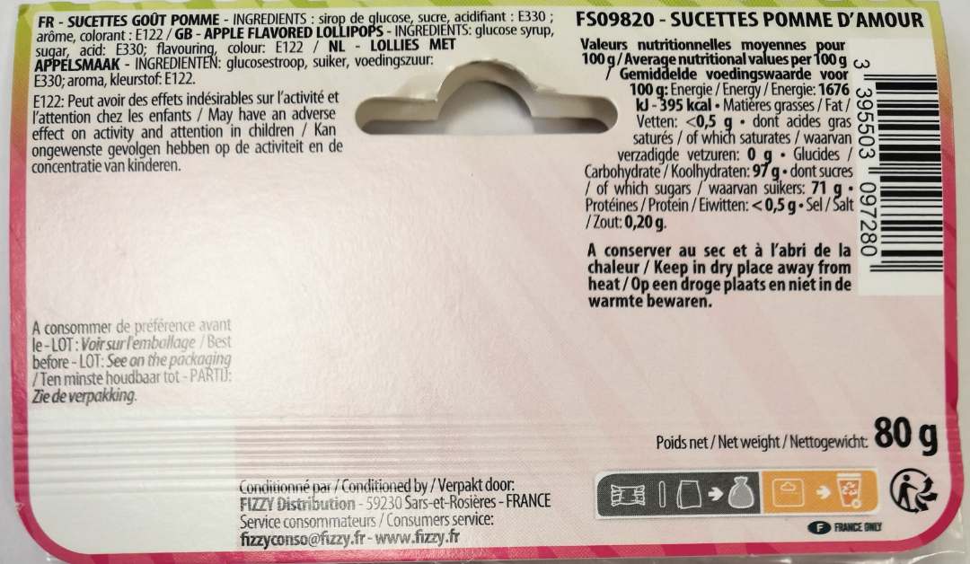 Fizzy sweet sucettes pomme d'amour : photo 2 sur 3 du produit rappelé le 25/02/2022