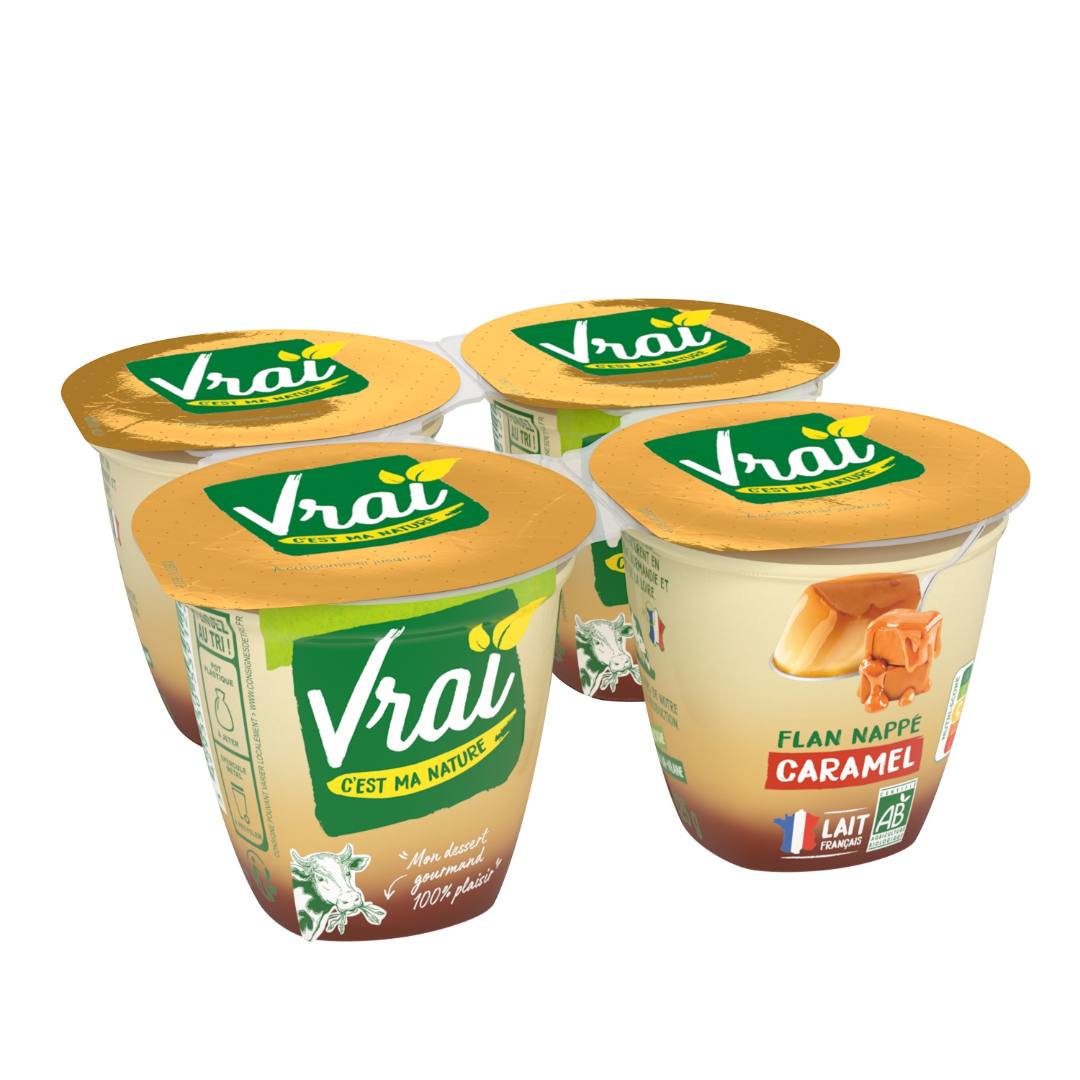 Flan biologique nappé caramel, au lait entier 4*125g Vrai : photo du produit rappelé le 02/07/2021