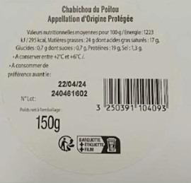 Frais emb chabichou du poitou 150g itm Intermarche : photo 2 sur 2 du produit rappelé le 12/03/2024
