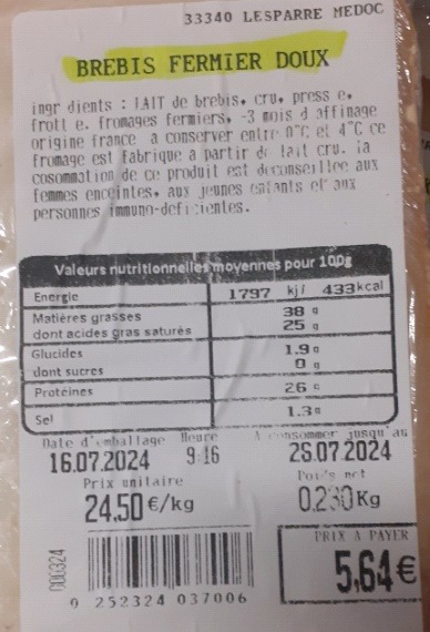 Fromage brebis fermier doux lait cru : photo du produit rappelé le 06/08/2024