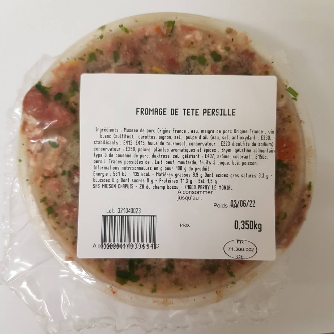 Fromage de tete persille Maison Chapuis : photo du produit rappelé le 03/05/2022