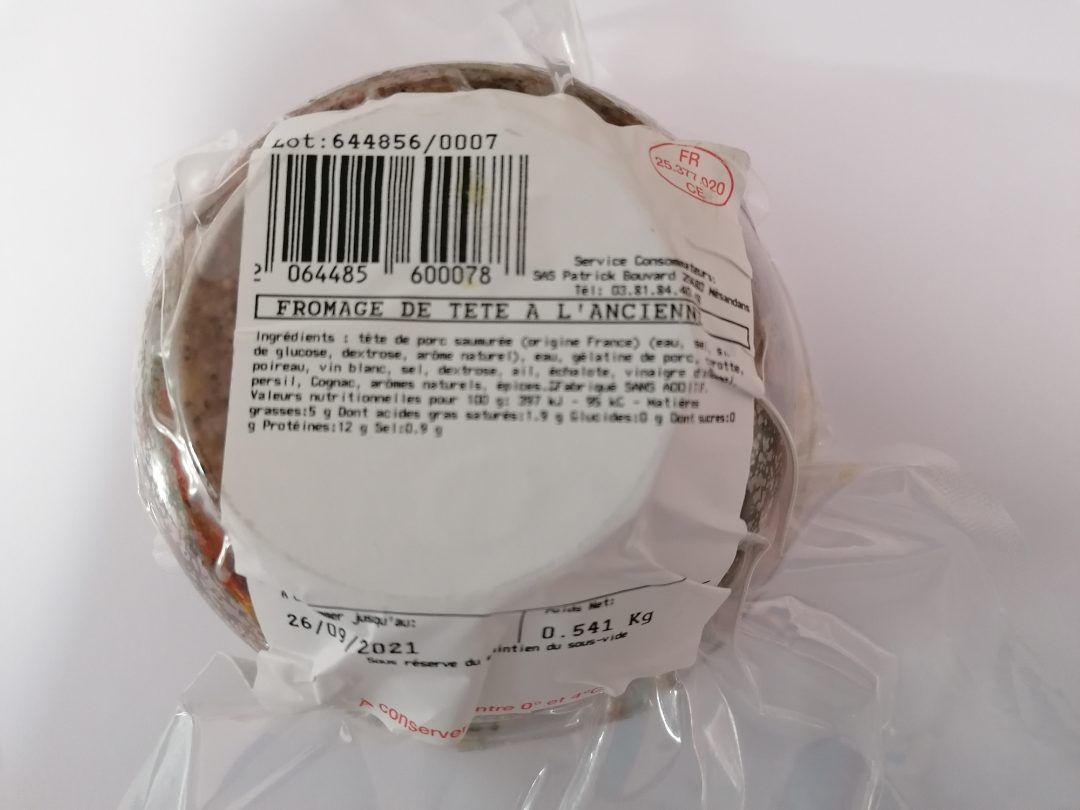 Fromage de tête sans nitrite Le Tuyé de Mésandans : photo 2 sur 2 du produit rappelé le 06/10/2021