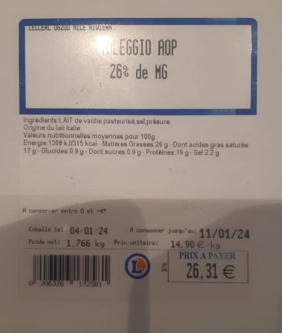 Fromage taleggio AOP Ambrosi : photo du produit rappelé le 05/01/2024